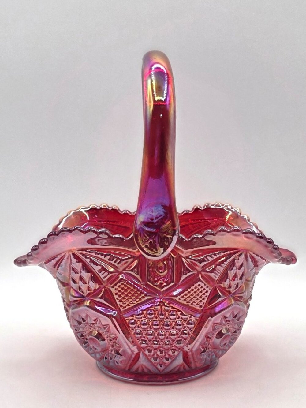 LE SMITH Ruby Red Iridescent Carnival Glass Basket VTG Quintec Scallop Edge Glow
